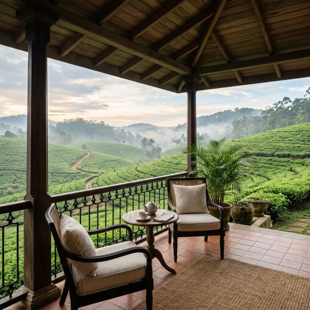 Veranda overlooking a Sri Lankan tea garden