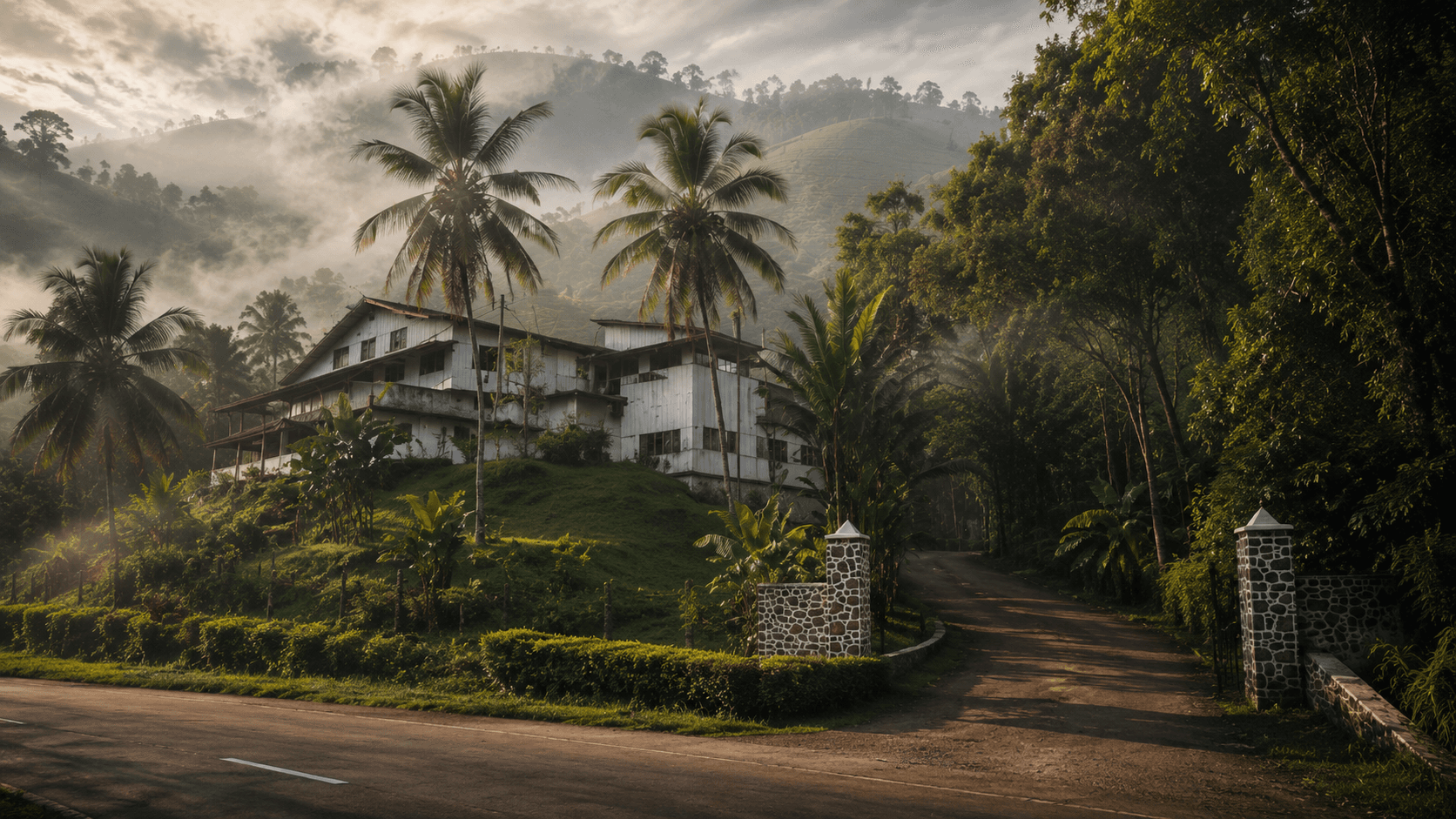 Colonial-style tea factory facade in Sri Lanka