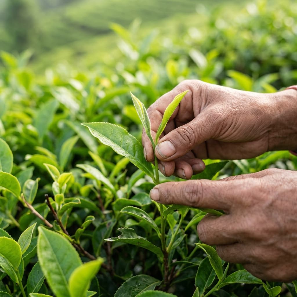 Hands carefully sorting fresh green tea leaves